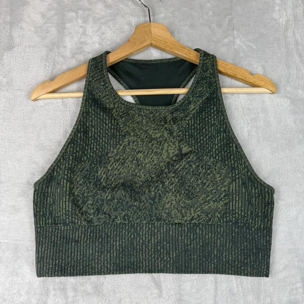 Lululemon Ebb To Train Bra Size 12 Camouflage Green Md Support C/D Cup Long Line